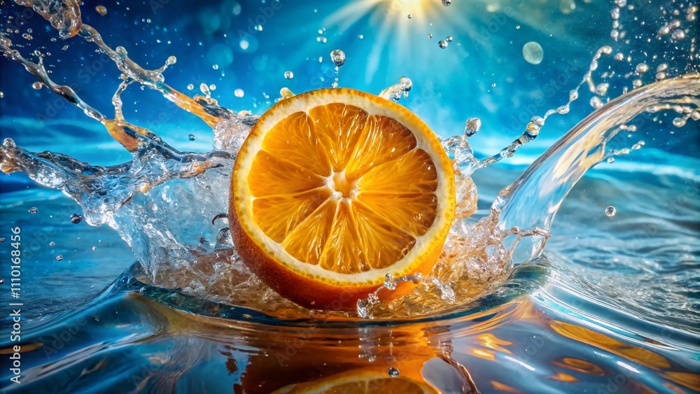 Poster aerial view of a sliced orange splashing into crystal clear water creating stunning ripples and bubb