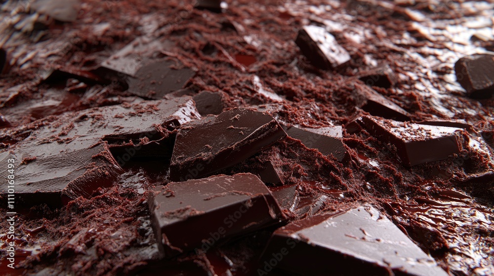 Poster macro close-up of dark chocolate pieces showcasing rich texture and detail on a rustic surface