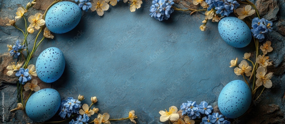Aufkleber blue easter eggs arranged with delicate flowers on a textured stone backdrop enhancing a festive wat