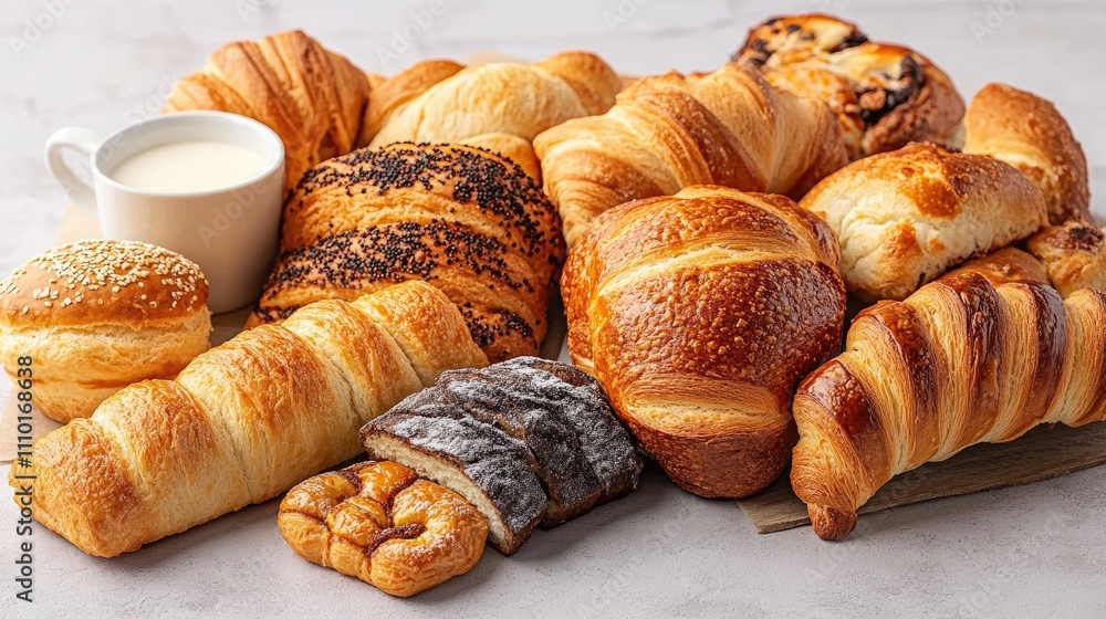 Poster assorted fresh bread and pastries arranged with a cup of milk on a neutral background for breakfast 