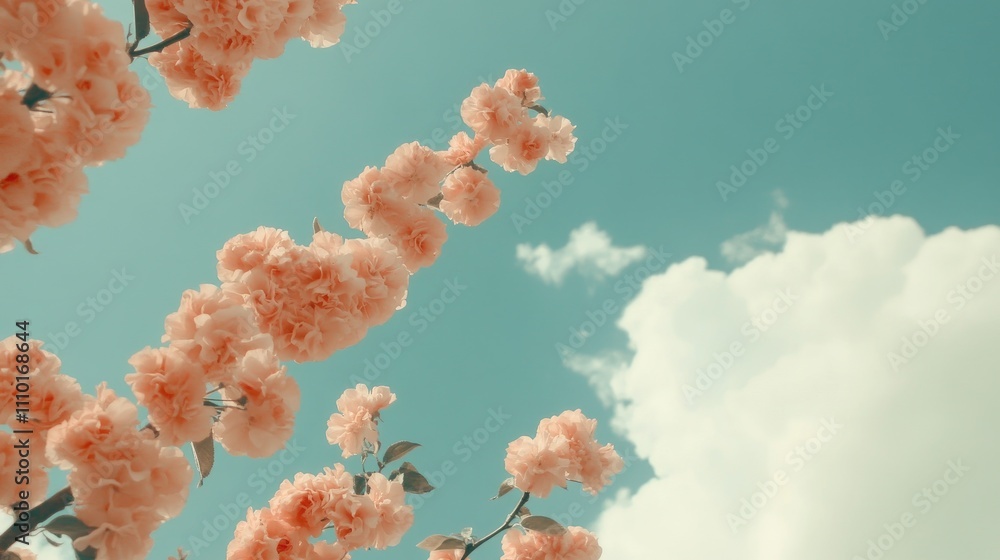 Poster Delicate apple blossom branch against a serene blue sky with fluffy clouds adding a touch of spring beauty and tranquility.