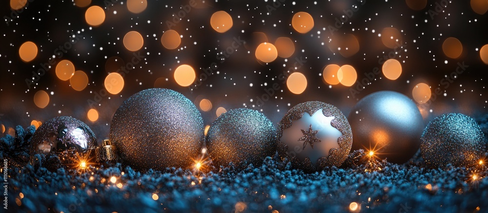 Poster silver christmas and new year backdrop with sparkling decorations and glowing light bulbs creating a