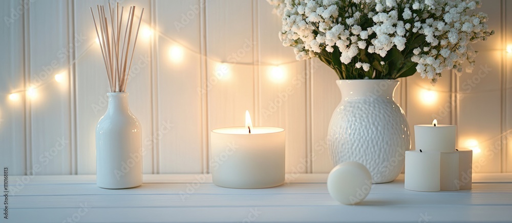 Poster calming ambiance with candles and a reed diffuser beside a floral vase on a serene white wooden back