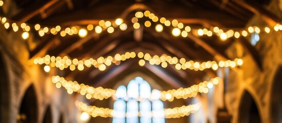 Warm and festive atmosphere of a beautifully decorated interior with glowing Christmas lights illuminating rustic architecture