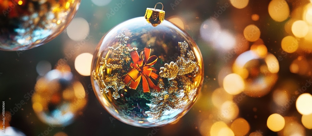 Poster christmas globe with intricate details surrounded by smaller decorative ornaments in a festive bokeh