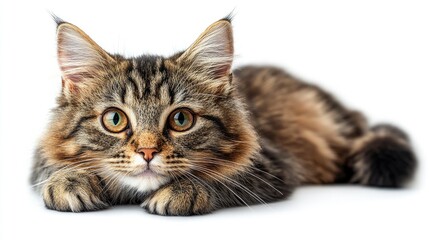 Tabby cat lying on a white background with curious expression showcasing its beautiful fur and large eyes