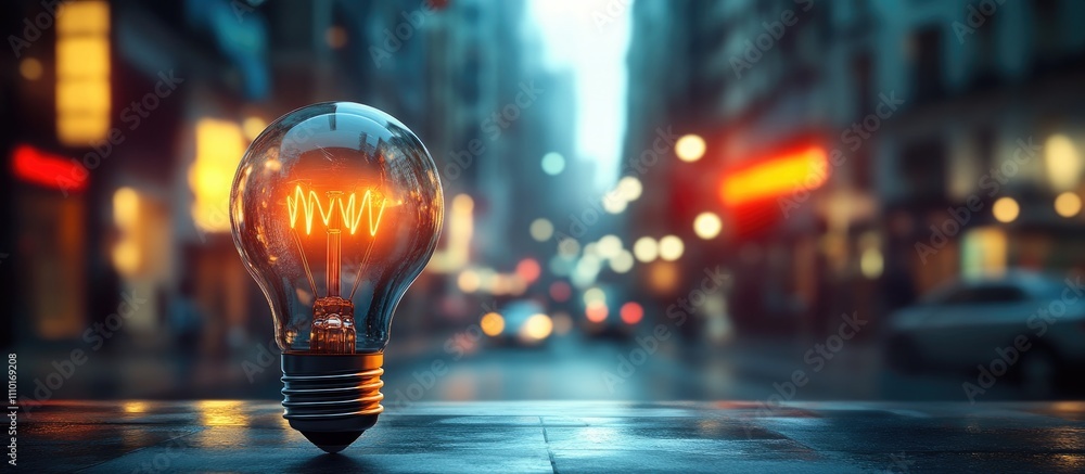 Poster illuminated light bulb glowing against a blurred city street background creating a beautiful bokeh e