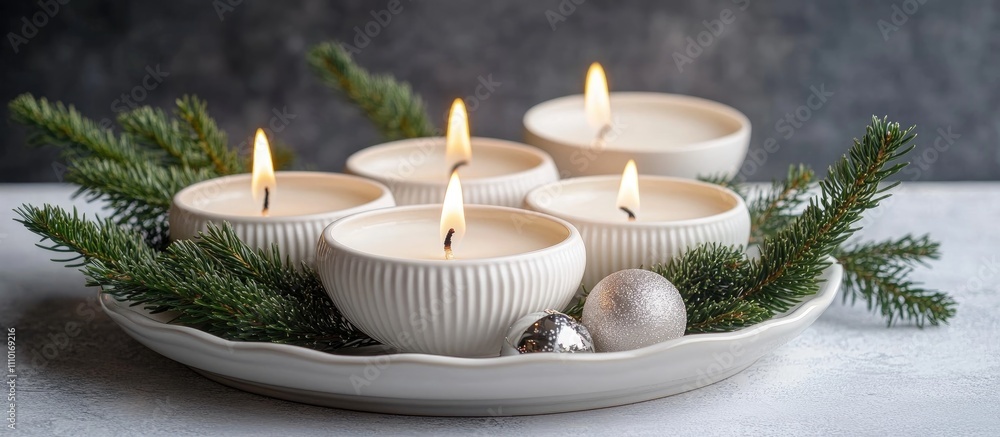 Aufkleber advent candles glowing on a decorative plate surrounded by fir branches and ornaments creating a fes