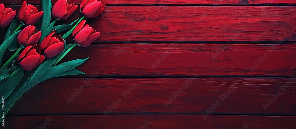 Poster red tulip bouquet border design on dark wooden table background for floral or spring themed graphics