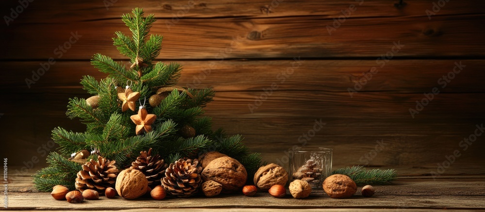 Poster christmas arrangement featuring fir tree branches, pine cones, and assorted nuts set against a rusti