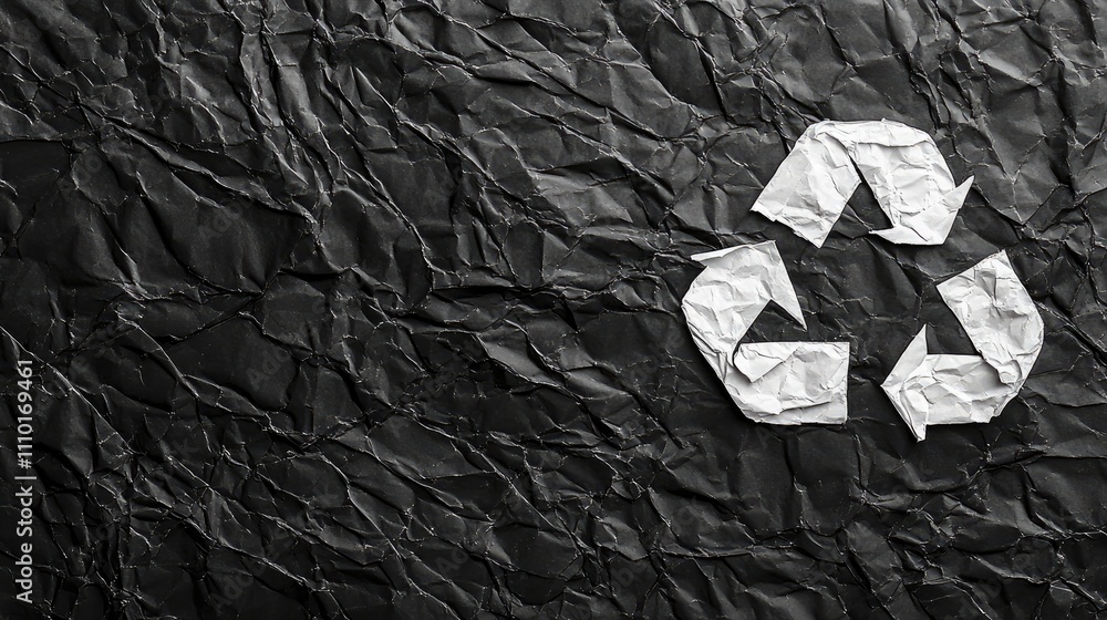 Poster black textured carton background with white recycling logo and crumpled paper for minimalistic eco-f