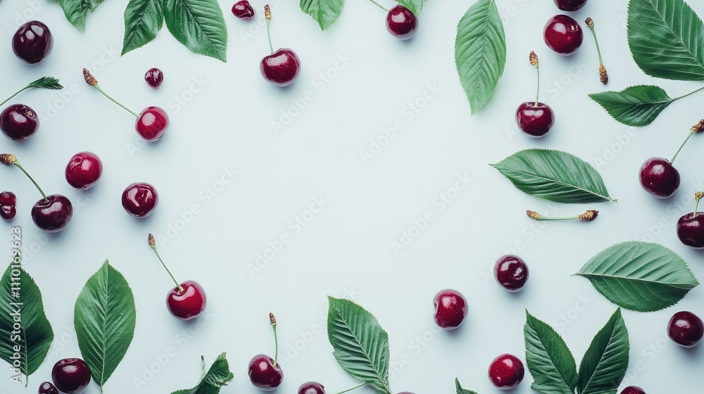 Aufkleber vibrant cherries and green leaves arranged in a circular pattern on a light background showcasing a 