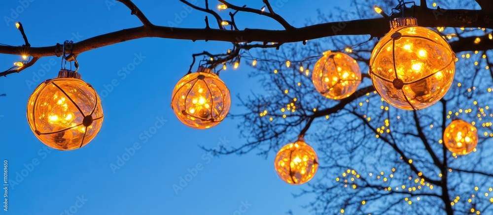 Poster illuminated decorative spheres hanging on a tree branch with a blue twilight sky backdrop creating a