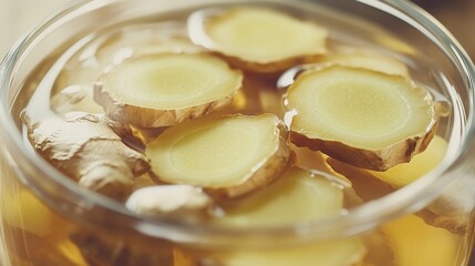 A glass of water with sliced ginger in it