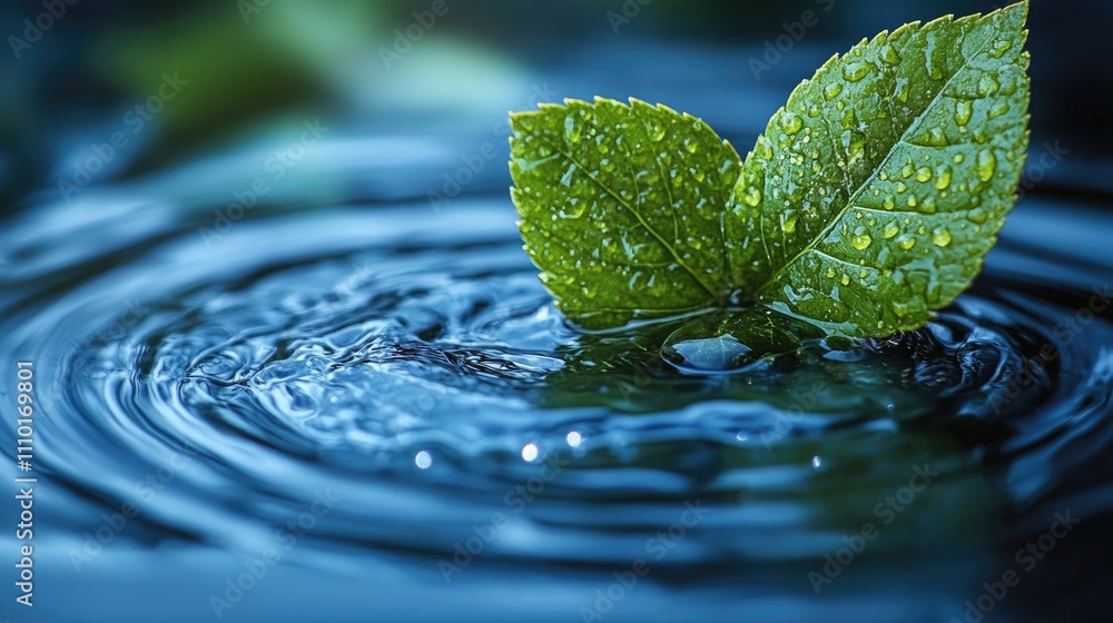 Poster leaf on water surface with droplets creating ripples in serene natural background showcasing tranqui