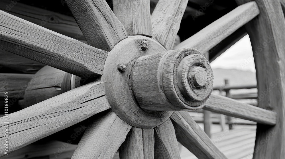 Poster close-up of a weathered wooden cart wheel showcasing intricate details and textures in rustic black 