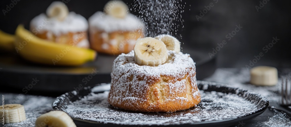 Aufkleber banana cakes topped with powdered sugar on a black table with selective focus and fresh banana slice
