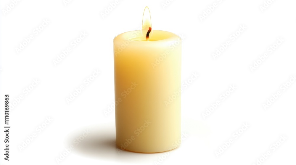 Poster Elegant white candle on a minimalistic background featuring a warm flame and soft shadows creating a tranquil ambiance for decor.