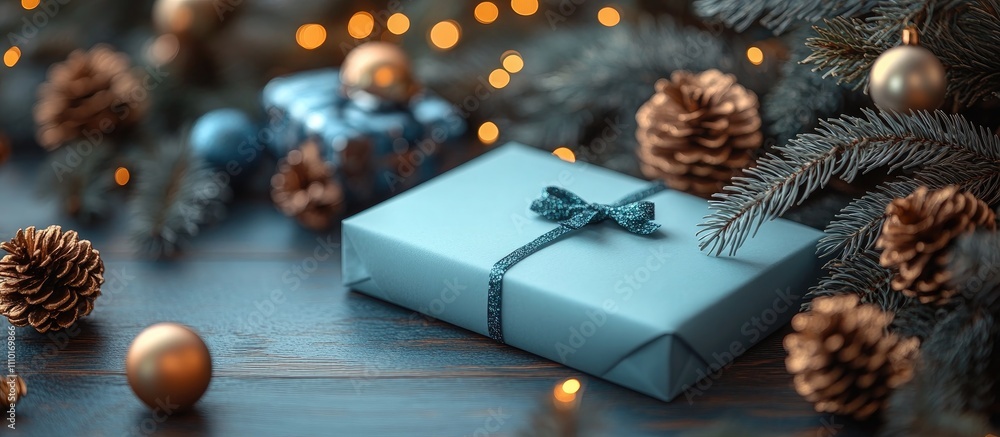 Poster elegant blue gift box adorned with a ribbon surrounded by festive ornaments and pinecones on a woode