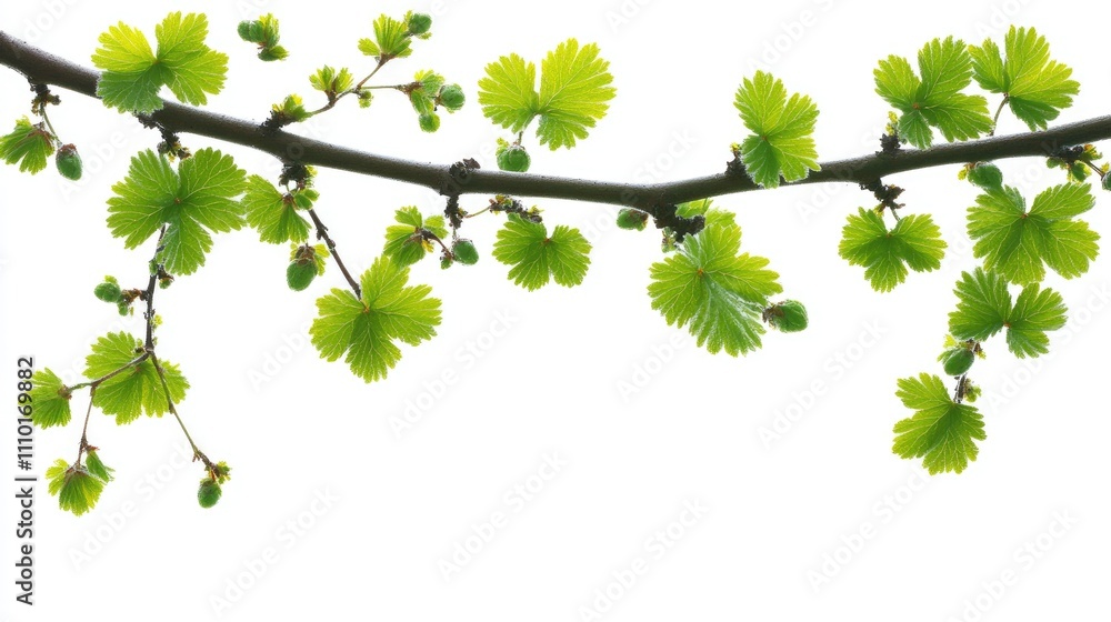Poster fresh green leaves on a branch in springtime against a clean white background symbolizing nature and