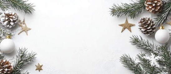 Christmas table background with festive decorations including pine branches, ornaments, and stars creating a seasonal holiday atmosphere
