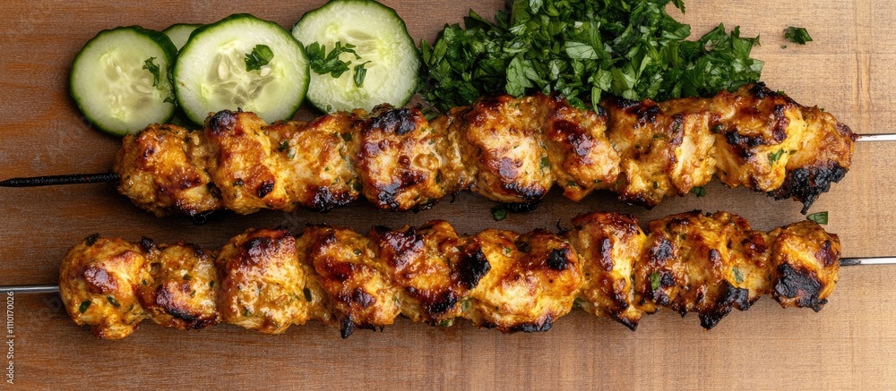 Poster grilled chicken kebabs with fresh cucumber salad on a wooden surface showcasing vibrant colors and t