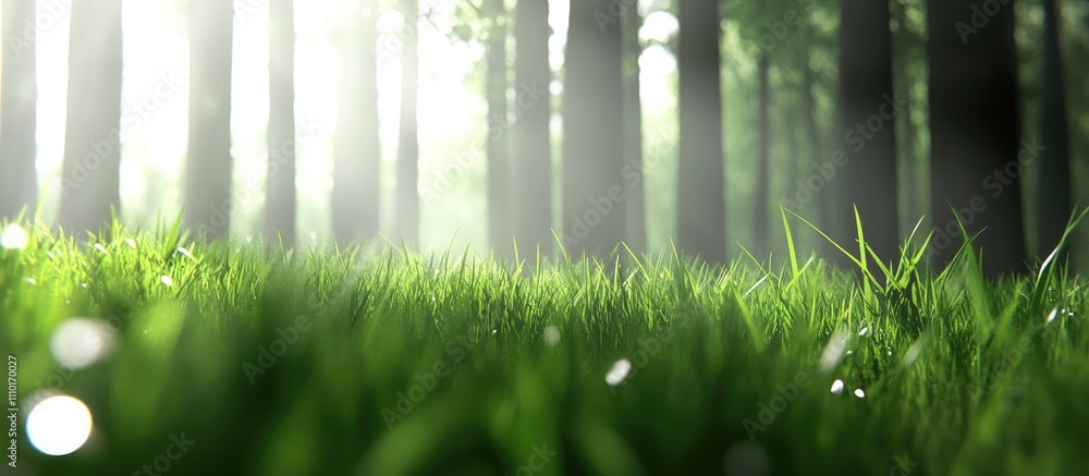Poster lush green grass with a blurred forest background creating a serene and tranquil atmosphere in natur