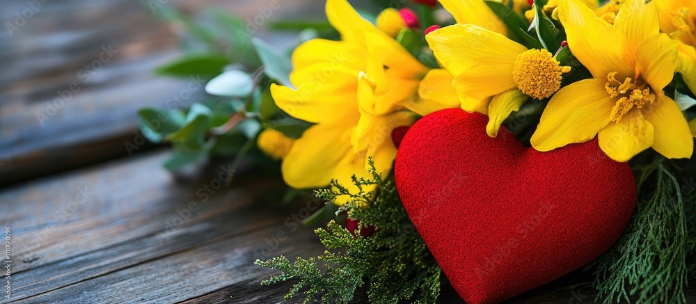 Poster vibrant bouquet of yellow flowers paired with a red heart on a rustic wooden surface creating a chee