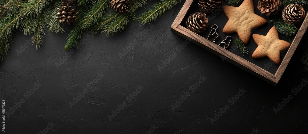 Poster christmas decoration backdrop with ornaments gingerbread cookies and pine cones in a wooden box on a