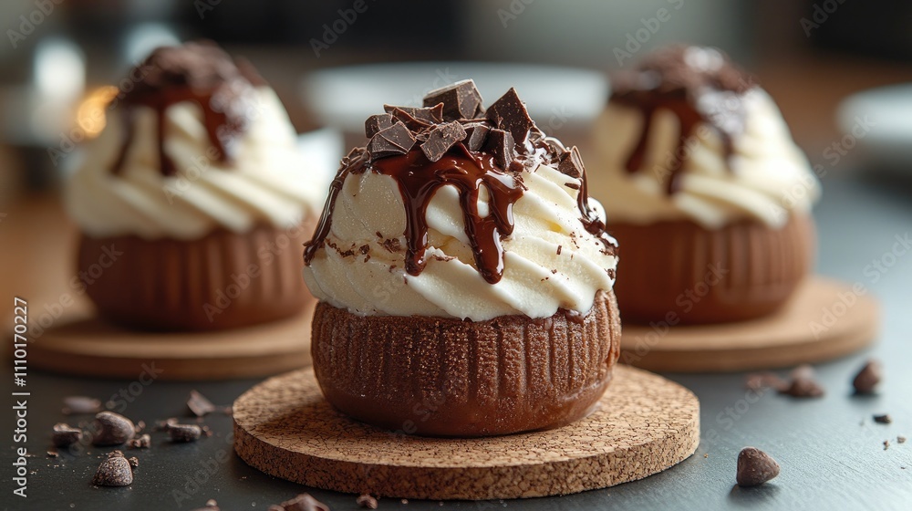 Poster Chocolate ice cream topped with whipped cream and chocolate sauce served on cork coasters against a blurred background in a cozy setting