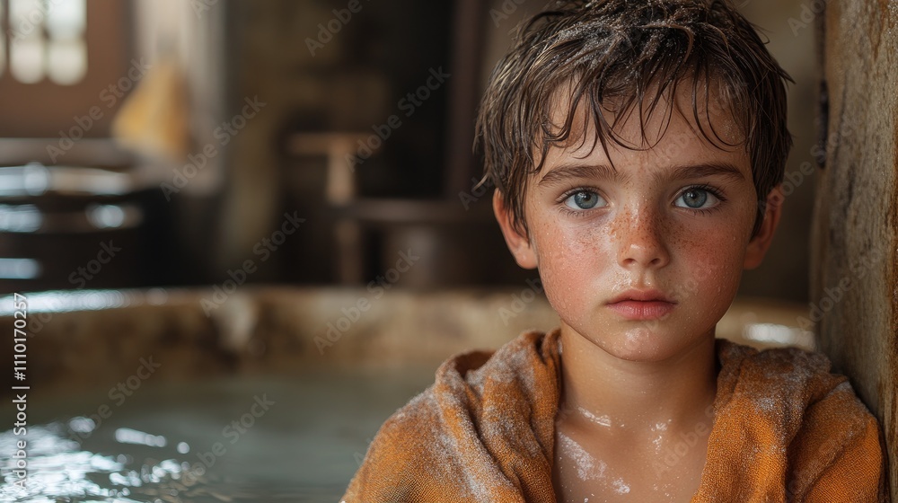 Poster Child relaxing in a spa setting with a robe, conveying tranquility and innocence in a serene environment.