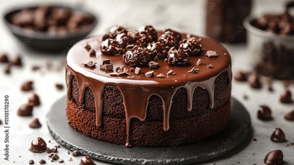 Aufkleber Decadent chocolate cake with glossy icing and chocolate toppings on a rustic table setting with dark chocolate pieces.