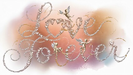Romantic Love Forever, Cherubs, Hearts, and Swirls Design for Valentine's, Wedding, Anniversary