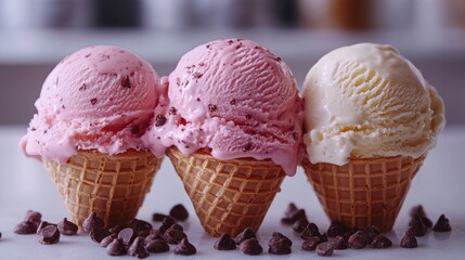 Delicious trio of chocolate strawberry and vanilla ice cream scoops served in waffle cones with chocolate chips on a white background
