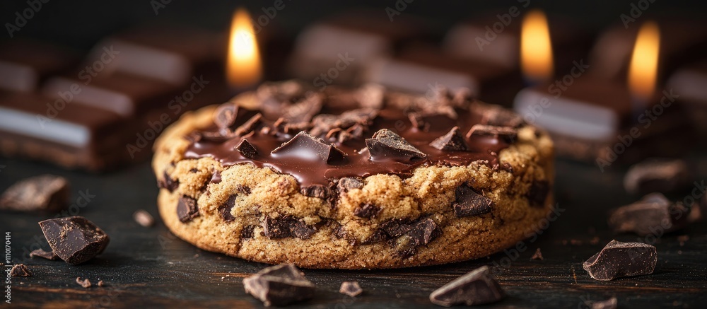 Poster Chocolate Cookie with Dark Chocolate Chunks Surrounded by Chocolate Bars and Candles on a Rustic Wooden Surface