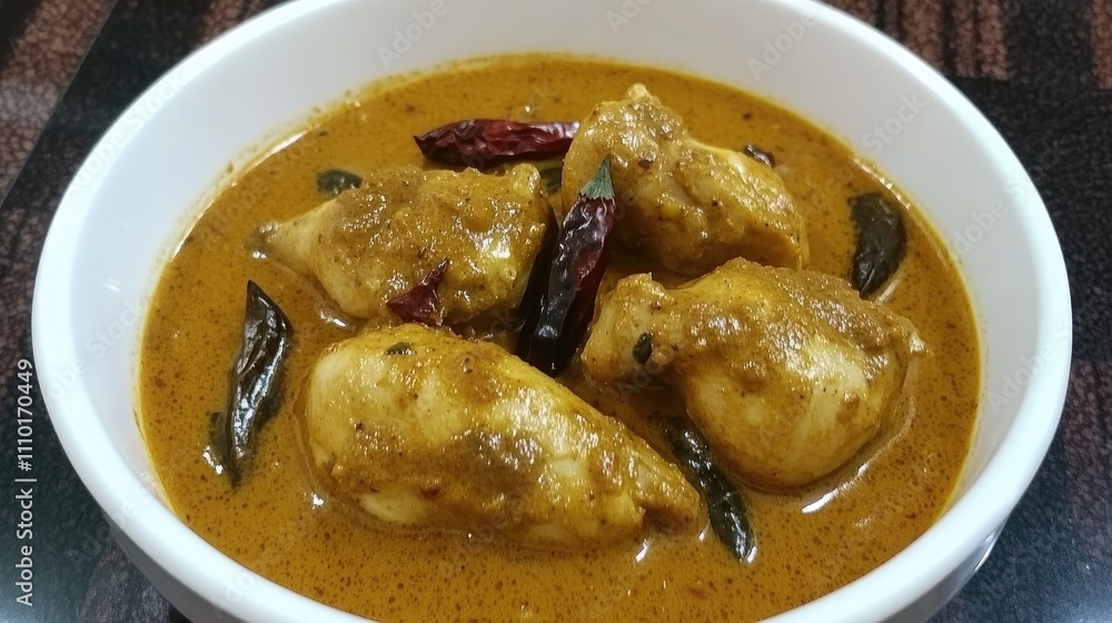 Poster spicy chicken curry with red chillies in a white bowl on a dark table setting