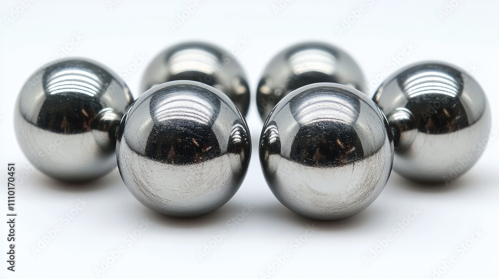 Poster shiny ball bearings arranged in a geometric pattern on a clean white background conveying precision 