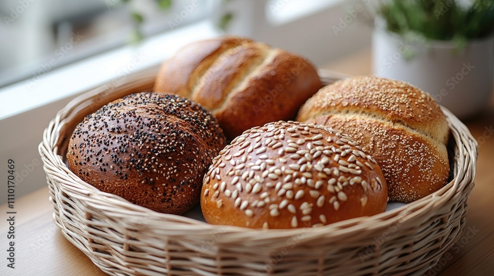 Poster basket of assorted artisanal breads including baguette bagel and rye topped with seeds overhead view