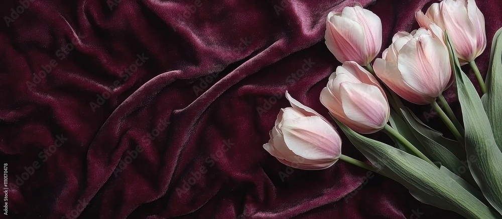 Poster delicate light pink tulips elegantly arranged on a rich purple velvet background creating a serene a