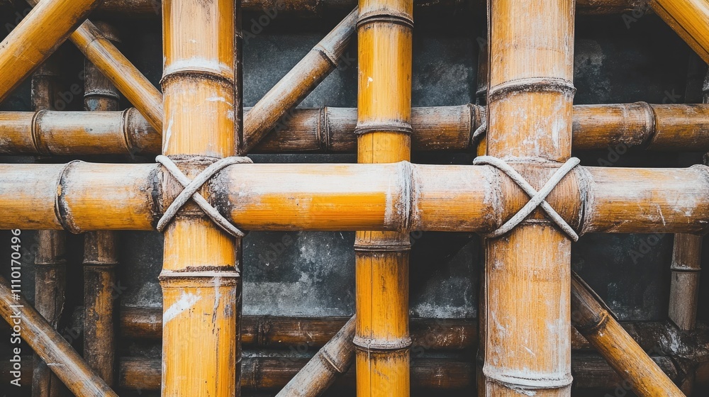 Poster bamboo scaffolding framework in construction site showcasing traditional building practices and stru