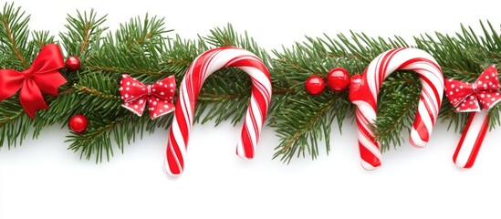 Christmas Frame with Fir Tree Branch Decorated with Candy Canes Bows and Red Berries Perfect for Text Placement and Holiday Themes