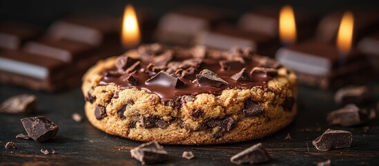 Chocolate Cookie with Dark Chocolate Chunks Surrounded by Chocolate Bars and Candles on a Rustic Wooden Surface