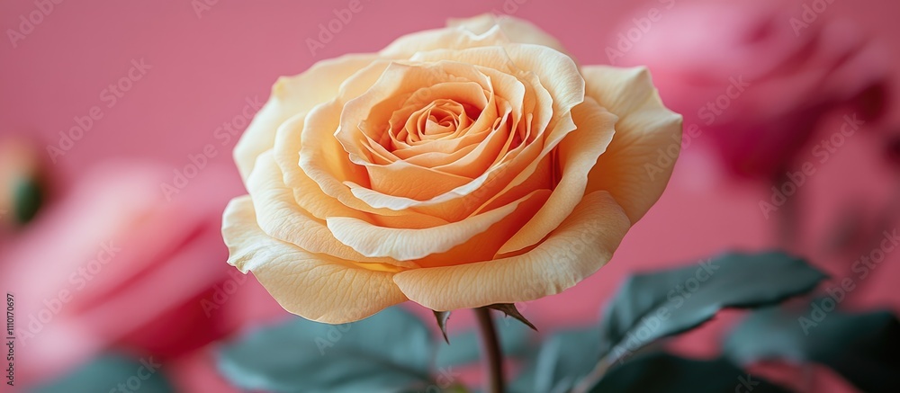 Poster elegant yellow rose on soft pink background with blurred pink roses creating a serene and inviting f