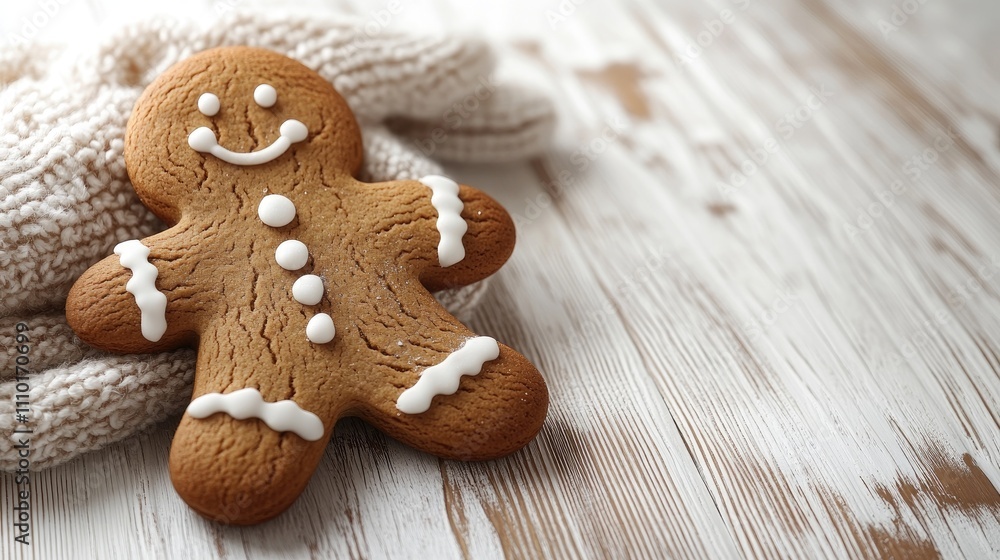 Poster gingerbread man cookie on rustic white wooden background with blank space for holiday greeting or te