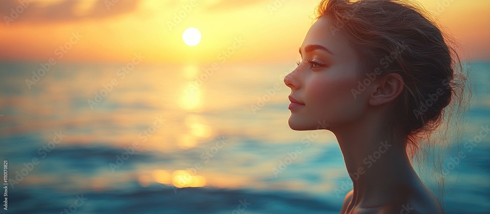Poster silhouetted profile of a beautiful girl during sunset by the sea with vibrant colors in the backgrou