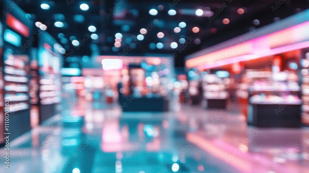 Poster Blurred view of a vibrant retail store interior with colorful lighting and display shelves creating an atmospheric shopping experience