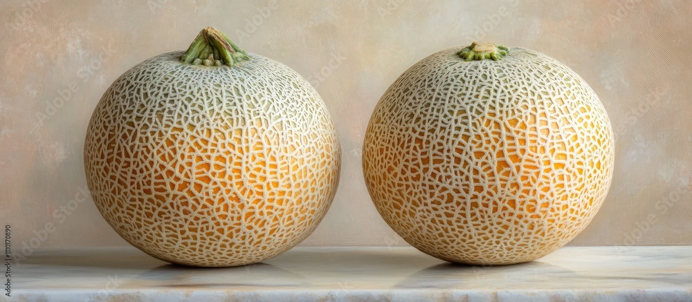 Aufkleber cantaloupe melons displayed on a countertop highlighting textures and colors in a naturally lit sett