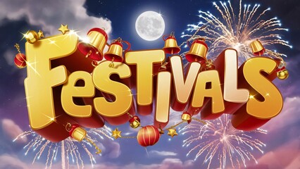 Vibrant 3D Festivals Text Design with Fireworks and Bells, Festive Celebration Banner