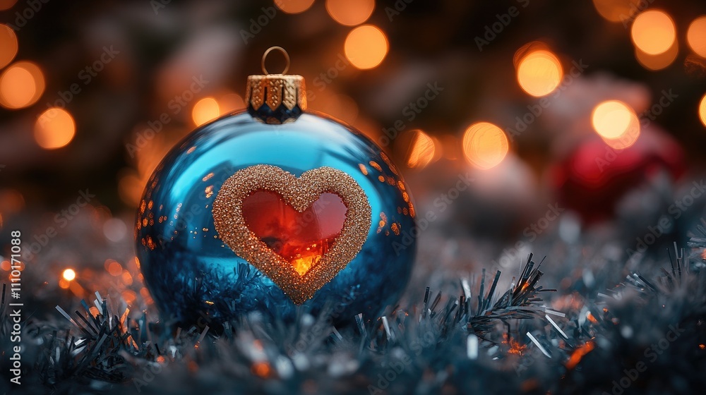 Poster Blue glass ornament with a gold heart design resting on tinsel with blurred Christmas tree lights creating a festive bokeh background