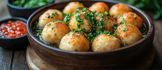 Coxinha traditional Brazilian chicken dish served with herbs and sauces on wooden table for festive occasions and celebrations